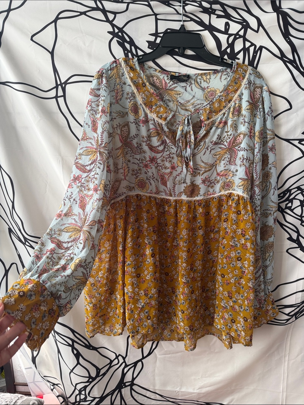 Suzanne Betro Mustard and Light Blue Floral Patchwork Tunic